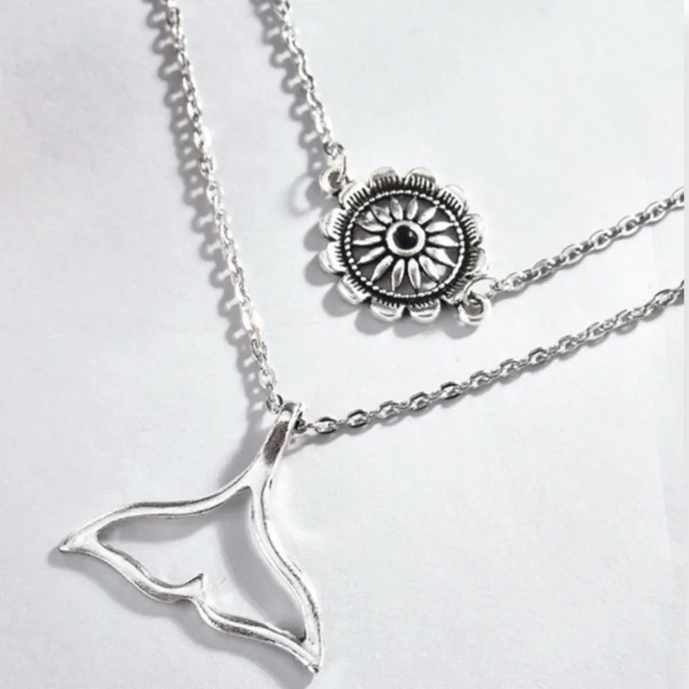 Silver Multi Layer Whale Tail Floral Medallion Charm Necklace NEW